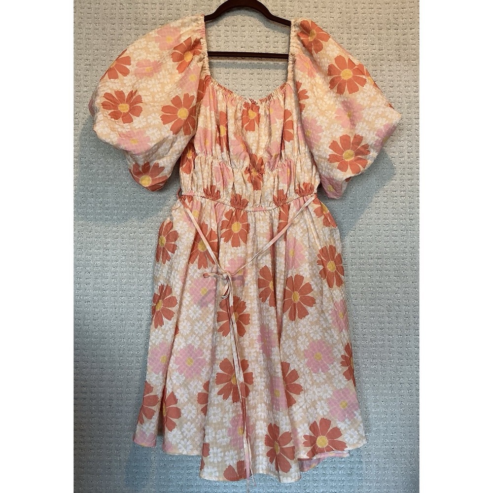 Anthropologie L Mazik Beach Boho Coastal Ballon Sleeve Empire Summer Dress Peach